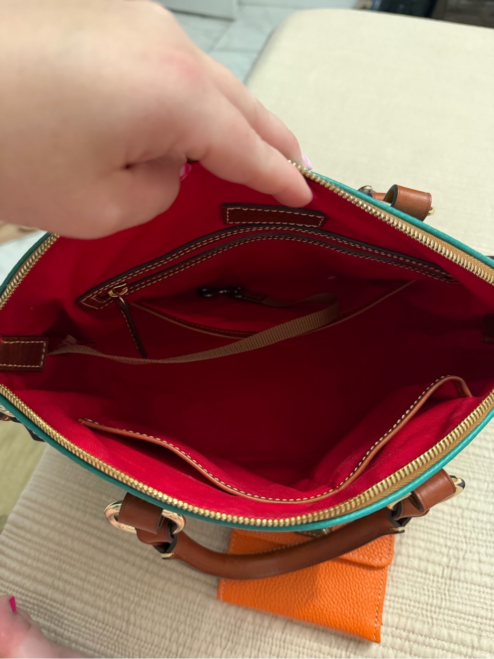 Women’s Teal and Brown Leather Tote Bag with Red Interior